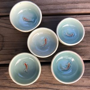Handmade 5 koi celadon tea cups